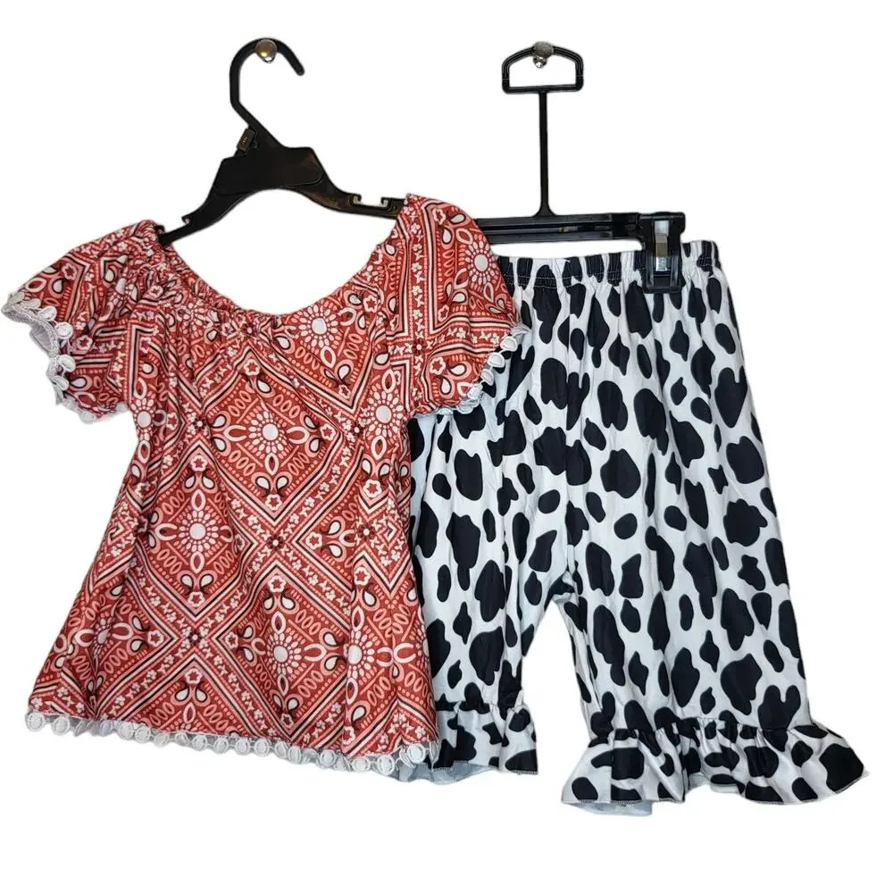 Girls Western Cow Print Bandana Pattern 2 pieces set sz 4/5 XL